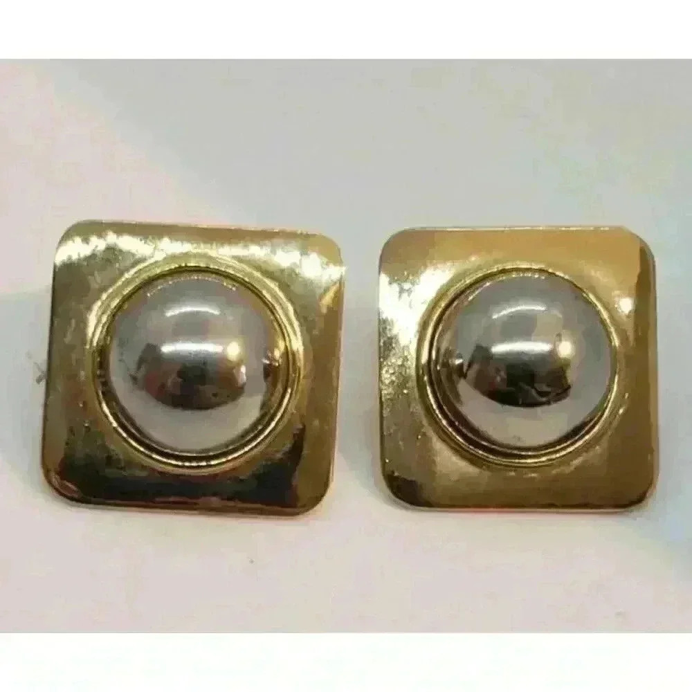 Vintage Clip Earrings Big Gold Square with Silver Cabochon Center REtro 50s Era - Picture 6 of 6